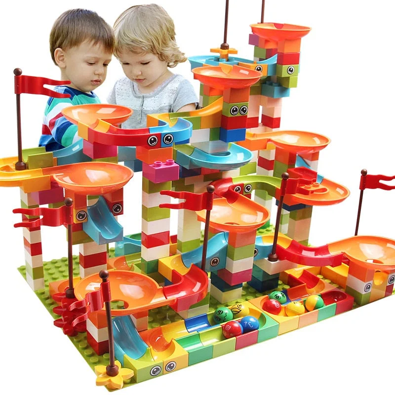 Solid Wood Educational Building Blocks for Developing Spatial Skills in Kids77-308PCS Marble Race Run Big Block Compatible city Building Blocks Funnel Slide Blocks DIY Big Bricks Toys For Children gift