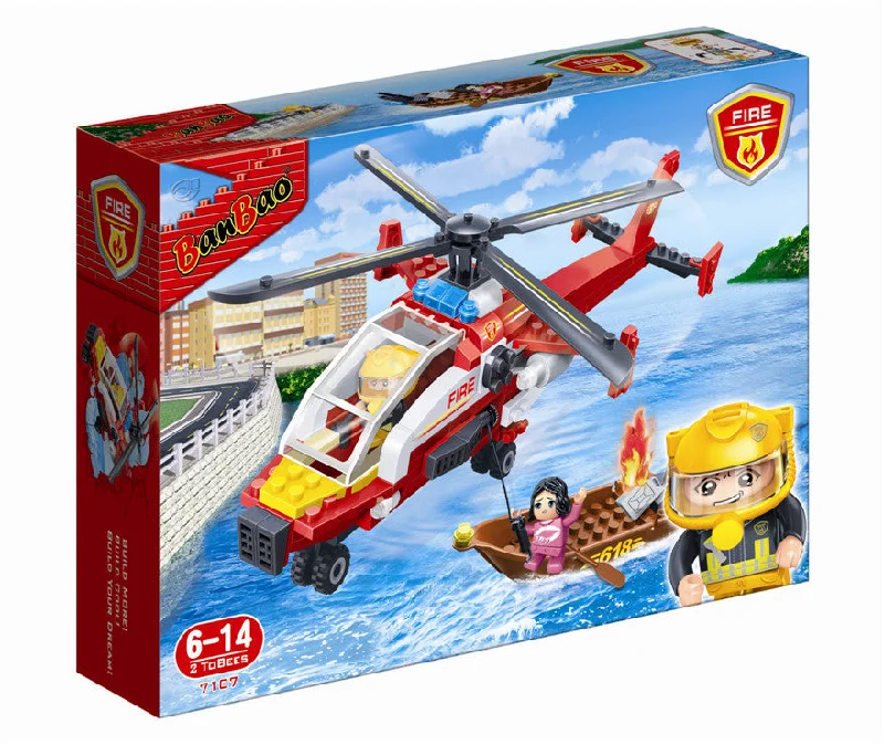 Eco - Friendly Wooden Building Blocks with a Castle - Building ThemeFire Helicopter Banbao 7107