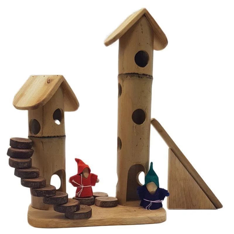 Sustainable Wood Marble Run Set with Multiple Tracks and Marble StorageBamboo Gnome Play Set