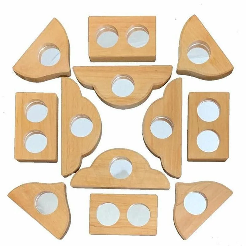 Hand - Painted Wooden Animal Figurines Set for Nursery Decor and Pretend PlayBauspiel Mirror Blocks - 12pc