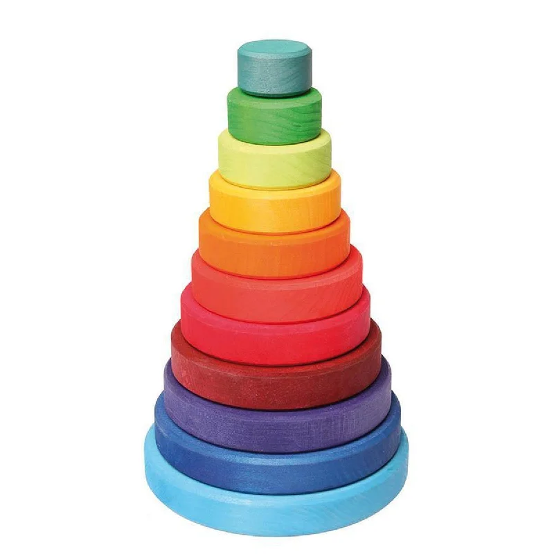 Solid Wood Stacking Cups with Different Sizes for Sensory Play and Motor SkillsGrimm's large rainbow conical stacking tower