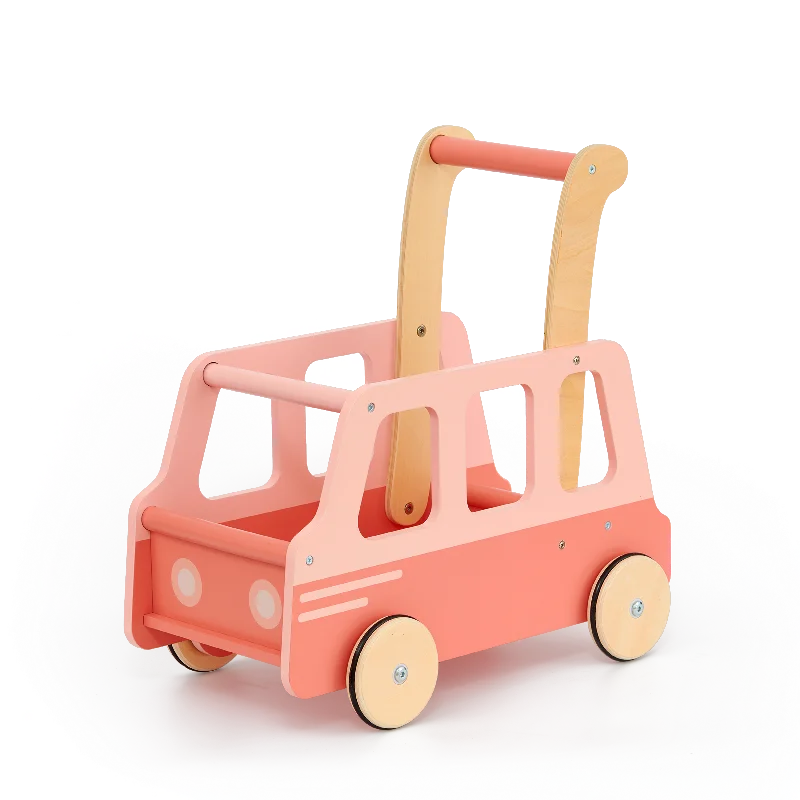 Hand - Turned Wooden Spinning Top with a Colorful Design for Classic AmusementPush school bus Assembled pink