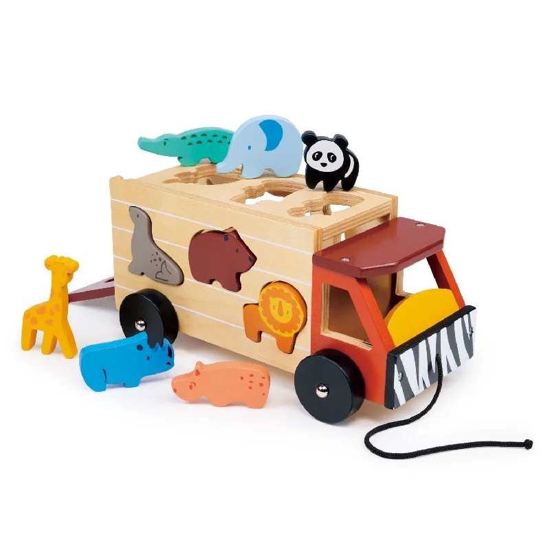 Handmade Wooden ABC Puzzle with Raised Letters for Tactile Learning ExperienceShape Sorting Safari Truck