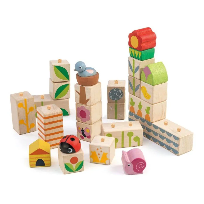 Hand - Turned Wooden Spinning Top with a Colorful Design for Classic AmusementWooden Garden Blocks Set