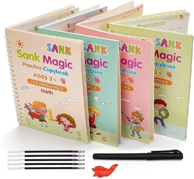 Natural Wood Educational Toys with a Construction and Engineering Play SetSank Magic Practice Copybook(4 BOOKS+10 INK REFILL)