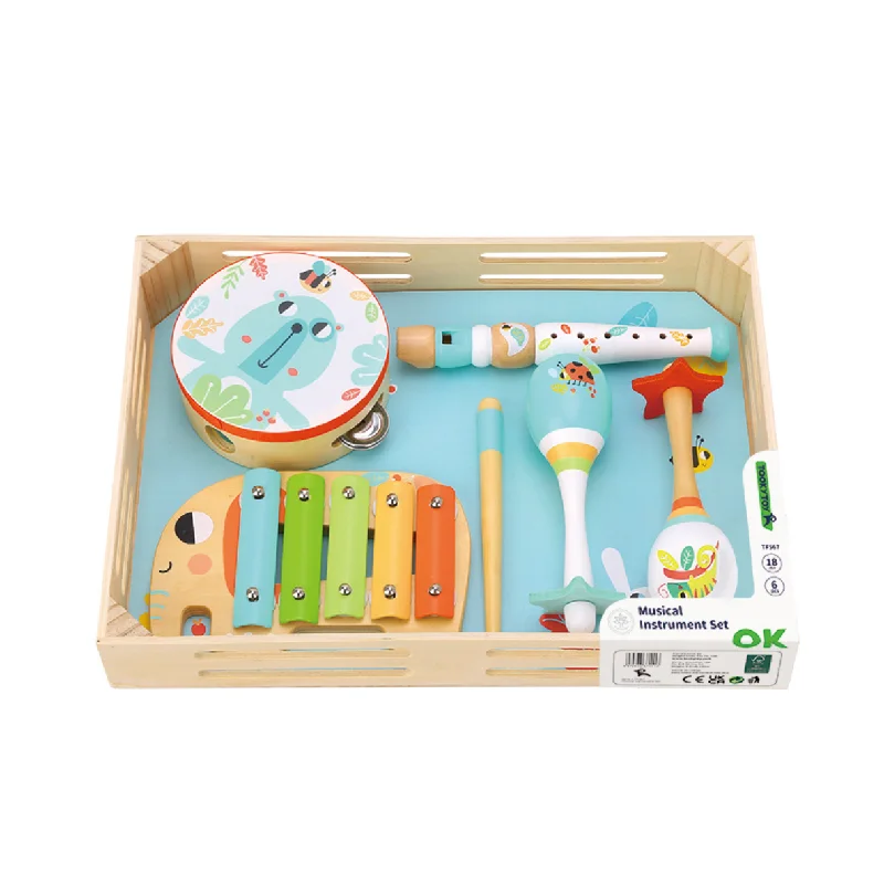 Natural Finish Wooden Educational Toys with a Music - Making Function for 3 - 5 Year OldsTooky Toy Music Instrument Set with Wooden Tray